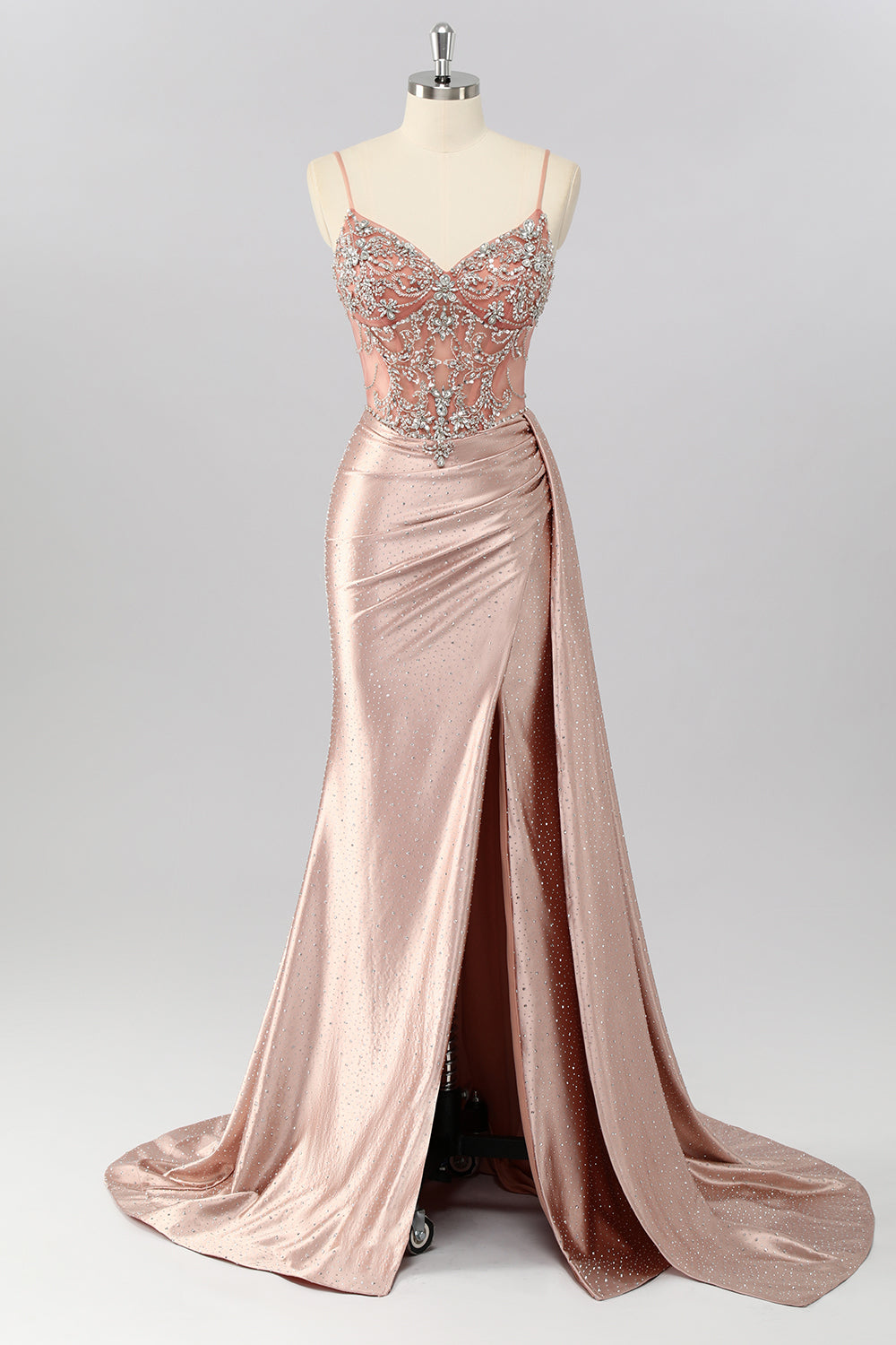 Blush Meerjungfrau Spaghettiträger Perlenbesetztes Ballkleid mit seitlichem Streamer