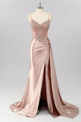 Blush Meerjungfrau Spaghettiträger Perlenbesetztes Ballkleid mit seitlichem Streamer