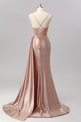 Blush Meerjungfrau Spaghettiträger Perlenbesetztes Ballkleid mit seitlichem Streamer