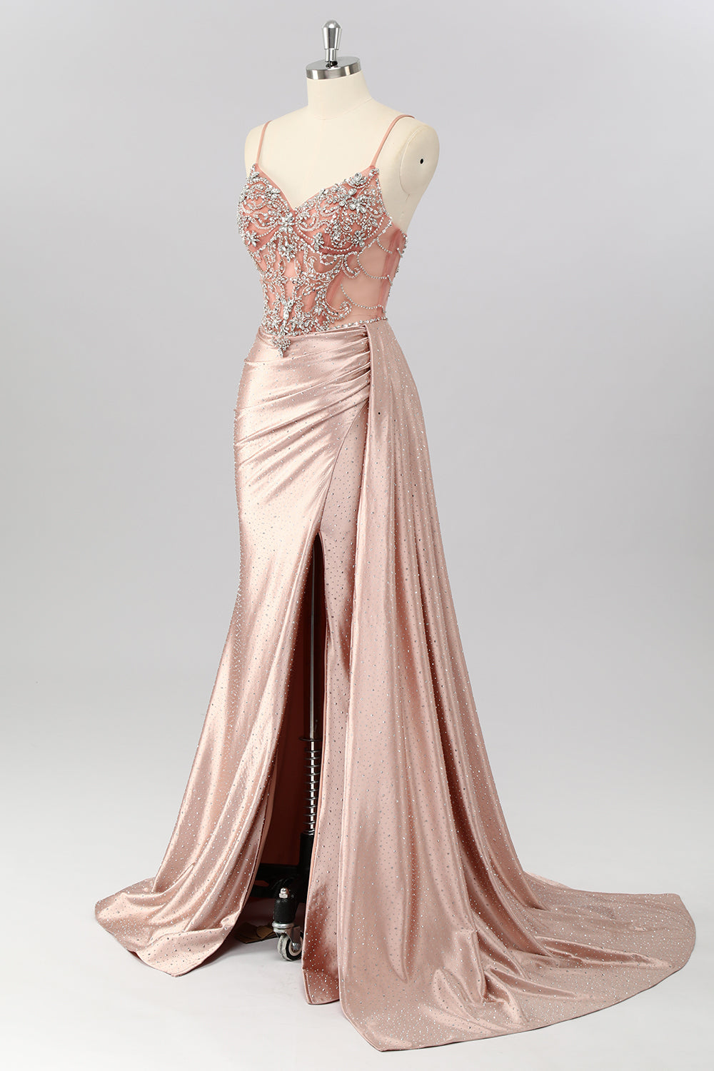 Blush Meerjungfrau Spaghettiträger Perlenbesetztes Ballkleid mit seitlichem Streamer