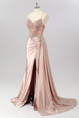Blush Meerjungfrau Spaghettiträger Perlenbesetztes Ballkleid mit seitlichem Streamer