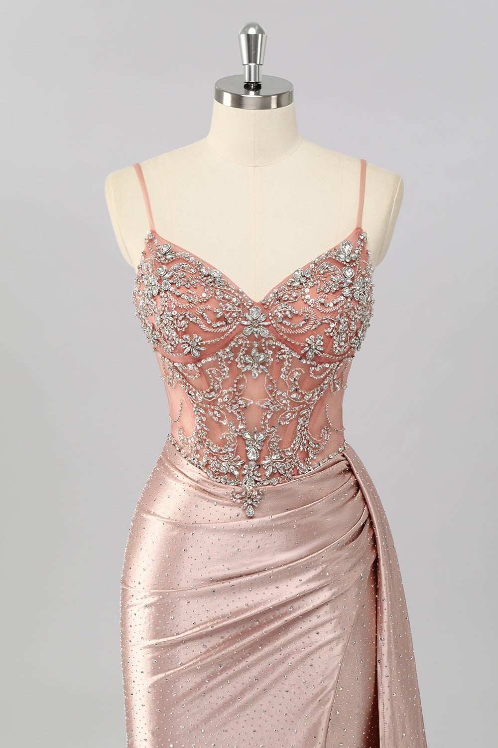 Blush Meerjungfrau Spaghettiträger Perlenbesetztes Ballkleid mit seitlichem Streamer