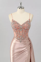 Blush Meerjungfrau Spaghettiträger Perlenbesetztes Ballkleid mit seitlichem Streamer