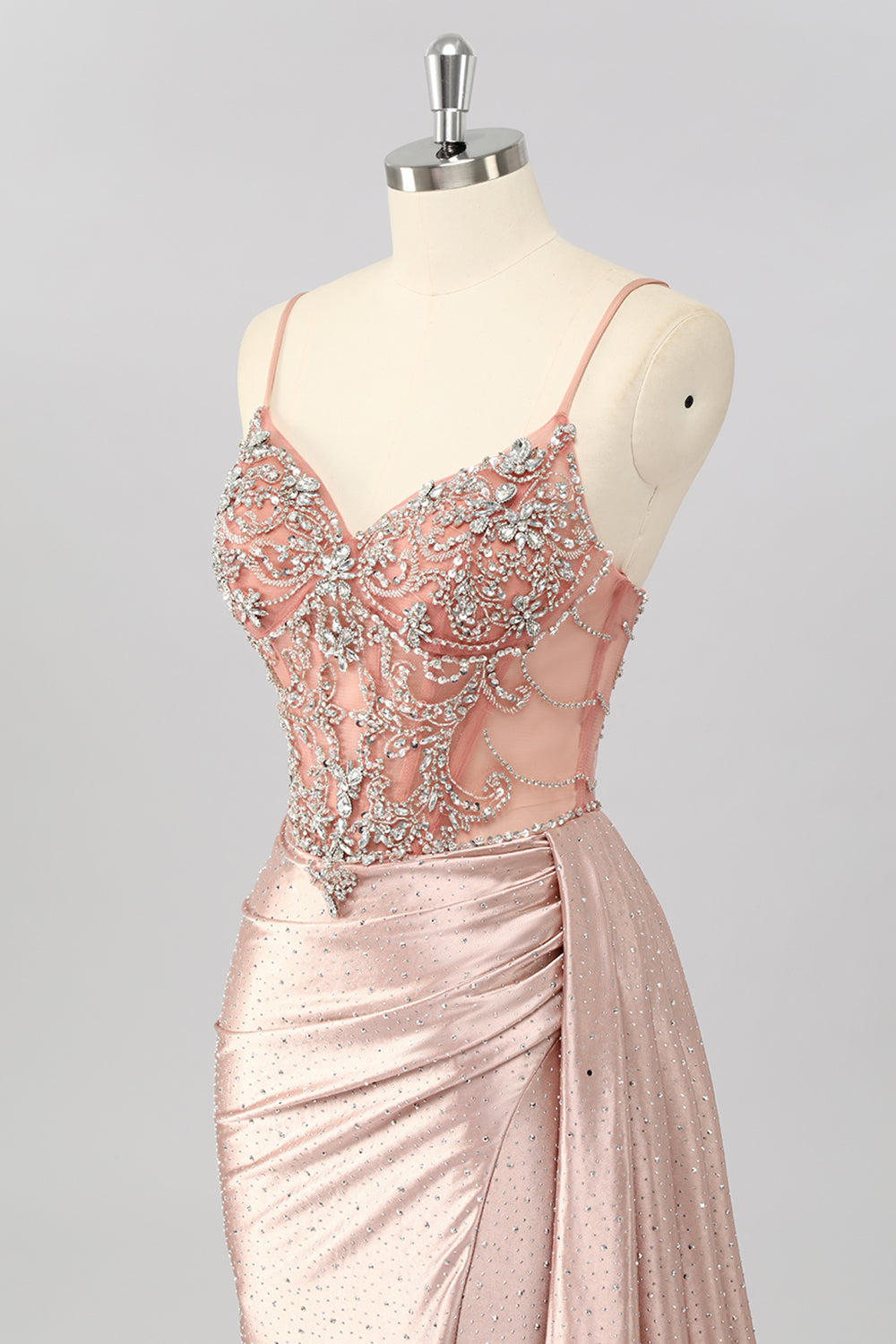 Blush Meerjungfrau Spaghettiträger Perlenbesetztes Ballkleid mit seitlichem Streamer
