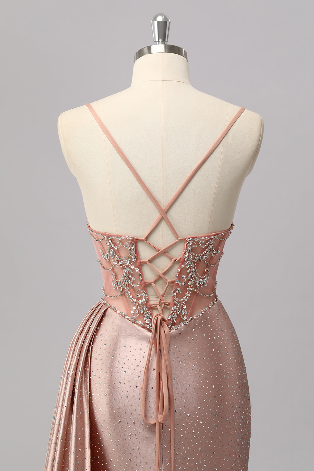 Blush Meerjungfrau Spaghettiträger Perlenbesetztes Ballkleid mit seitlichem Streamer