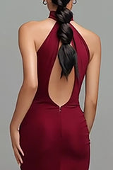 Burgunder Neckholder Meerjungfrau Schlüsselloch Langes Ballkleid