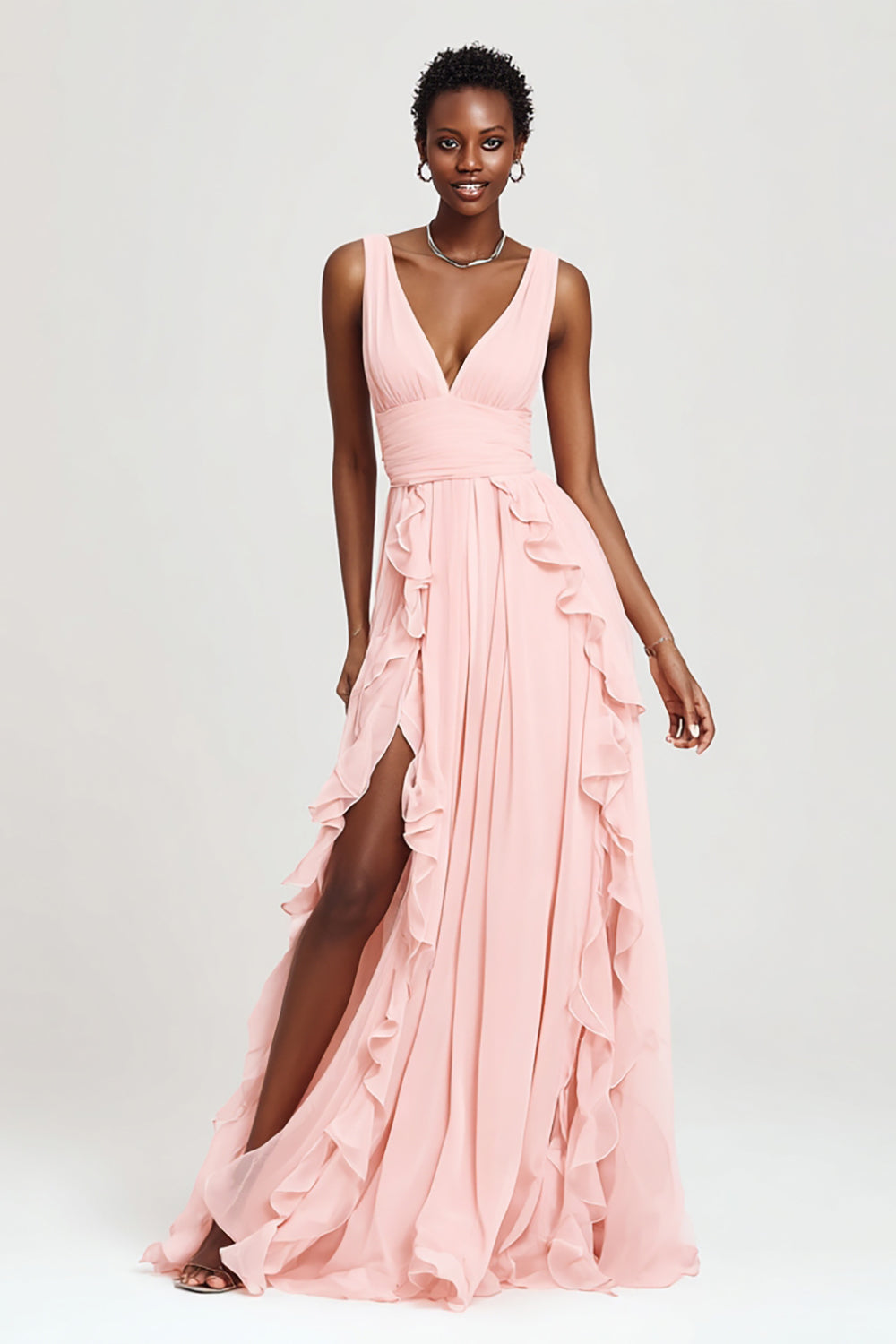 Langes A-Linie Rosa Ballkleid aus Chiffon mit Rüschen und Schlitz