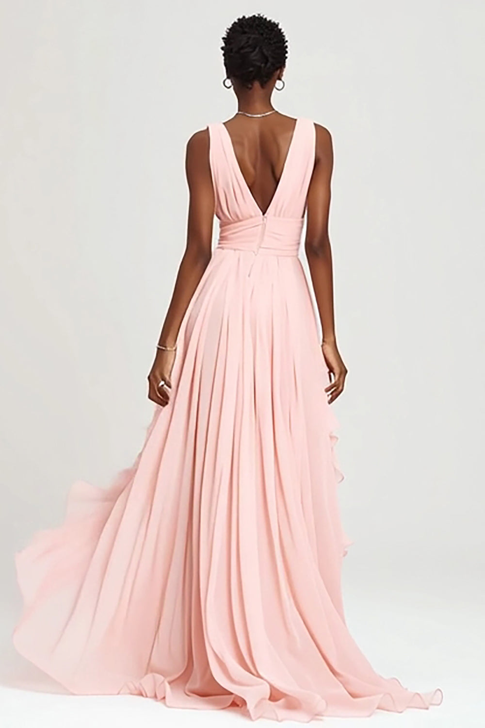 Langes A-Linie Rosa Ballkleid aus Chiffon mit Rüschen und Schlitz