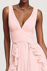 Langes A-Linie Rosa Ballkleid aus Chiffon mit Rüschen und Schlitz