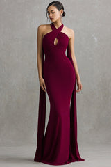Burgunderrotes Neckholder Spandex Meerjungfrau Langes Ballkleid