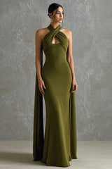 Olive Neckholder Etui Chiffon Langes Ballkleid