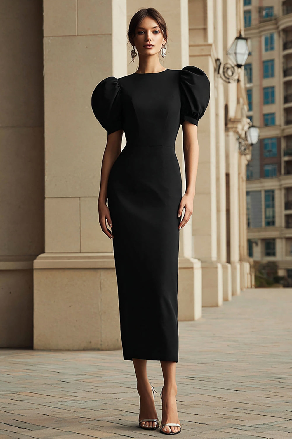 Schwarzes Schlichtes Midi Partykleid mit Puffärmeln