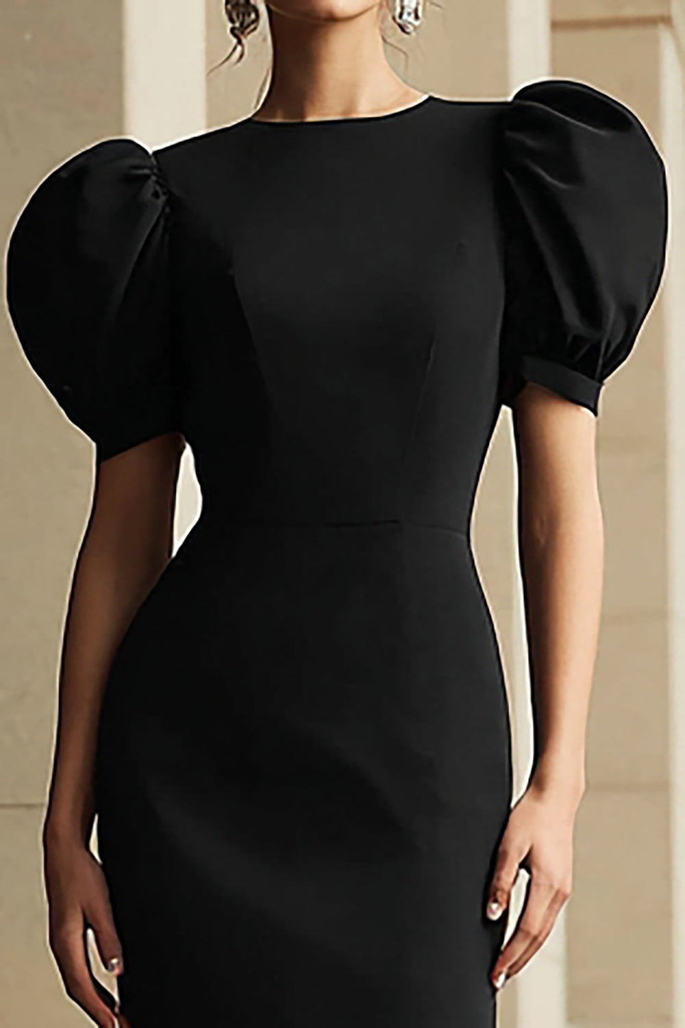 Schwarzes Schlichtes Midi Partykleid mit Puffärmeln