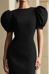 Schwarzes Schlichtes Midi Partykleid mit Puffärmeln