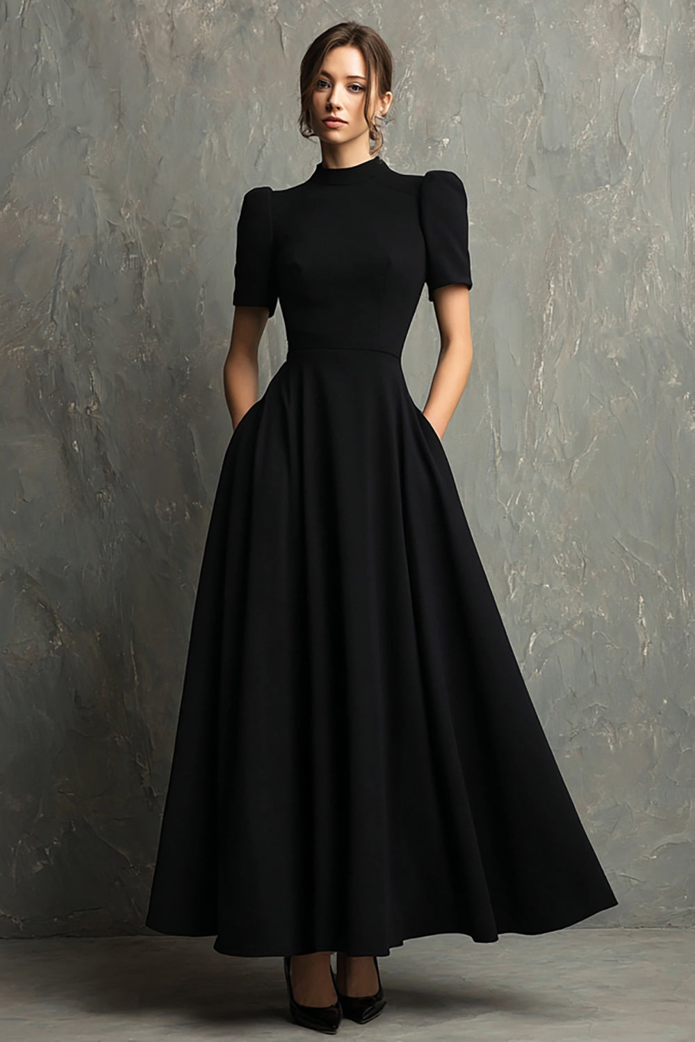 Schwarzes A-Linie Abendkleid mit kurzen Ärmeln