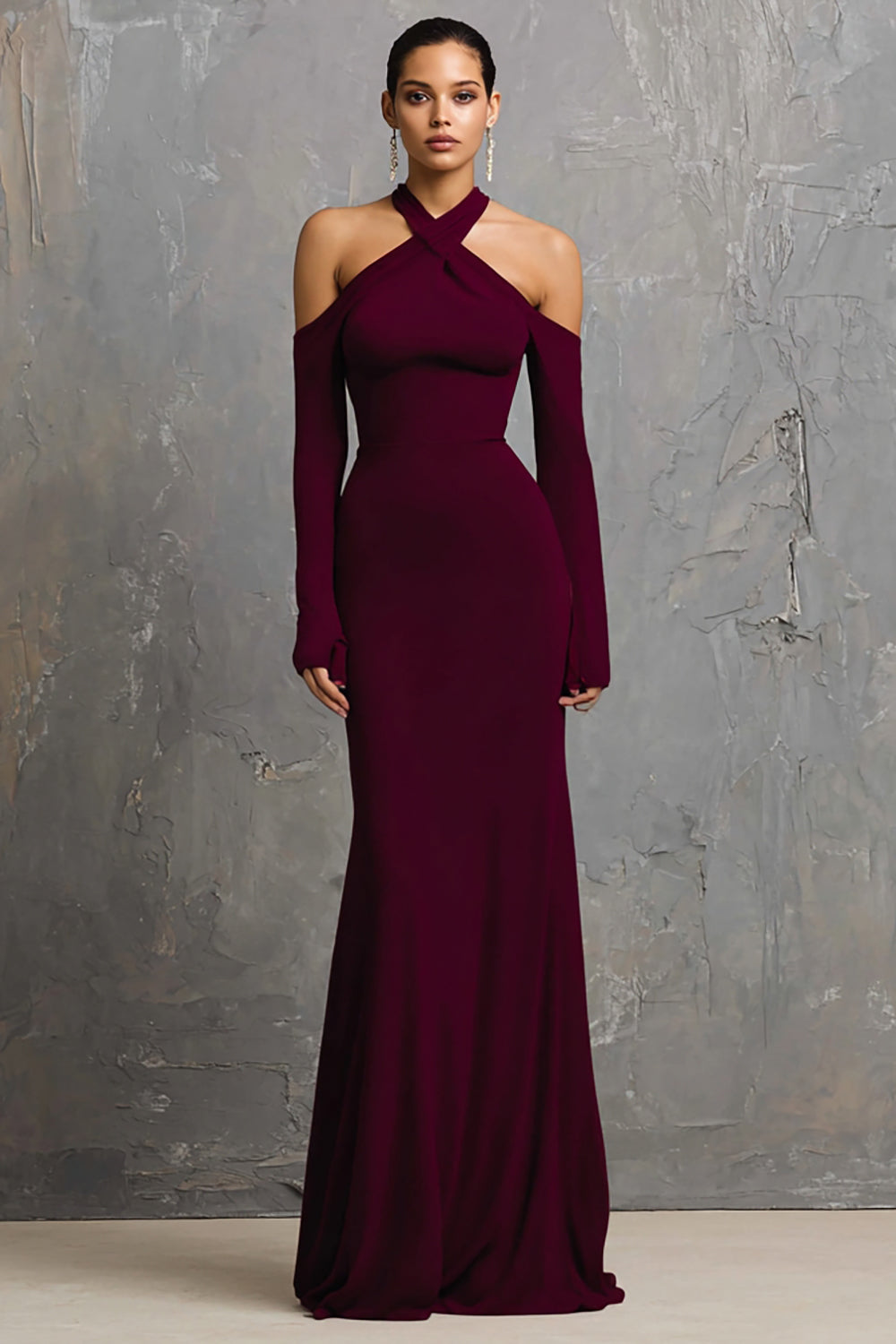 Burgunderrotes Meerjungfrau Spandex Langes Ballkleid mit Ärmeln