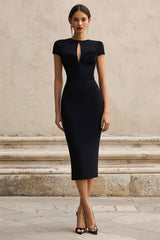 Schwarzes Midi Partykleid mit kurzen Ärmeln