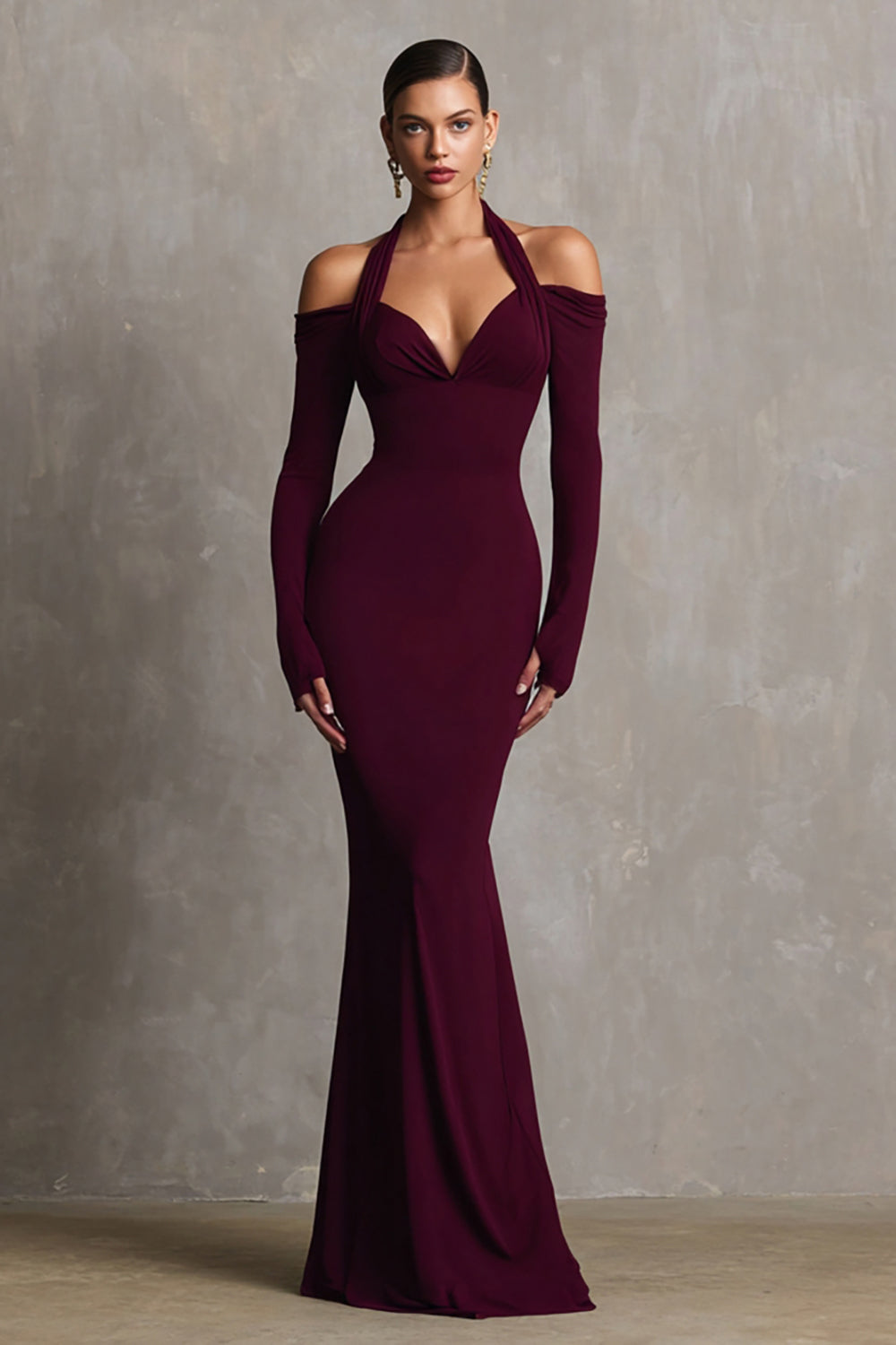 Burgunderrotes Neckholder Meerjungfrau Spandex Langes Ballkleid