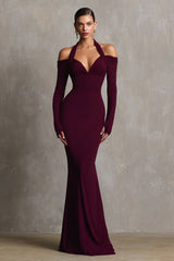 Burgunderrotes Neckholder Meerjungfrau Spandex Langes Ballkleid