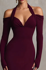 Burgunderrotes Neckholder Meerjungfrau Spandex Langes Ballkleid