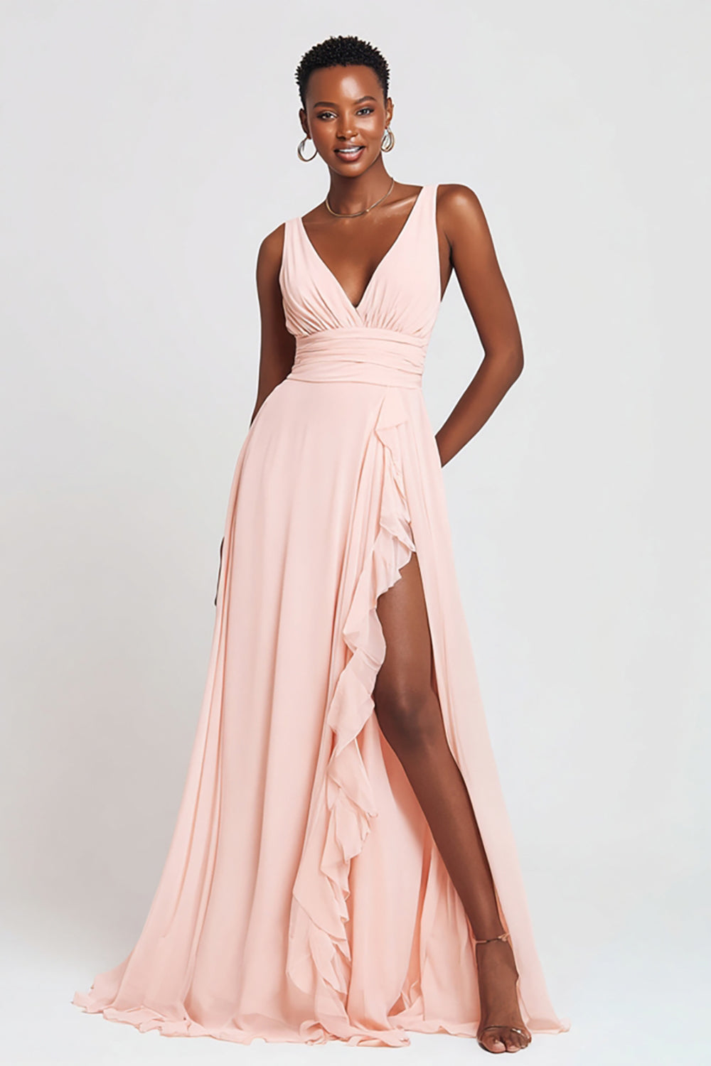 Rosa Maxi A-Linie Ballkleid mit V-Ausschnitt und Rüschen