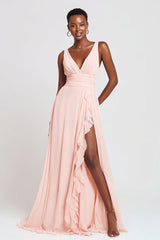 Rosa Maxi A-Linie Ballkleid mit V-Ausschnitt und Rüschen