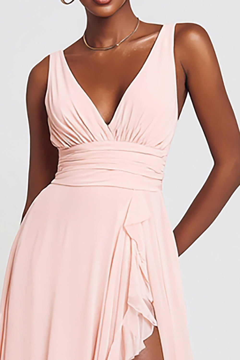 Rosa Maxi A-Linie Ballkleid mit V-Ausschnitt und Rüschen