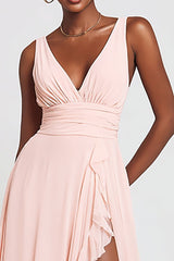 Rosa Maxi A-Linie Ballkleid mit V-Ausschnitt und Rüschen