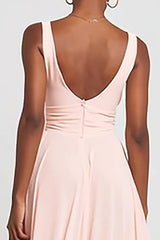 Rosa Maxi A-Linie Ballkleid mit V-Ausschnitt und Rüschen