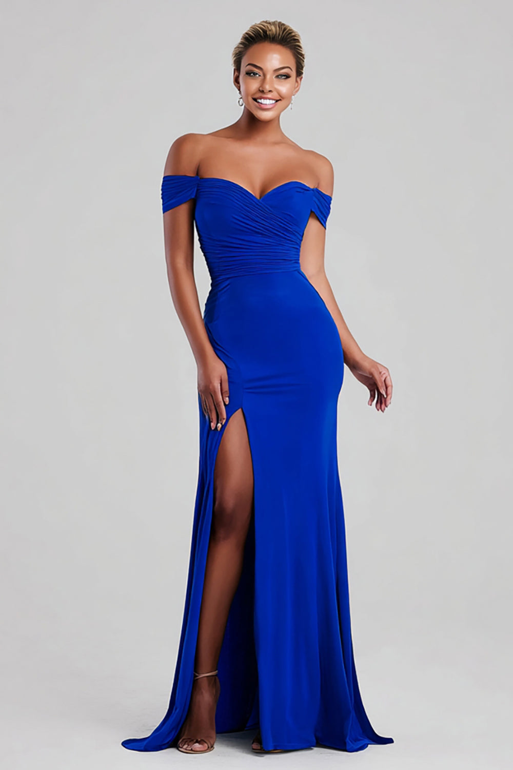 Königsblaues Schulterfreies Maxi Ballkleid mit Schlitz