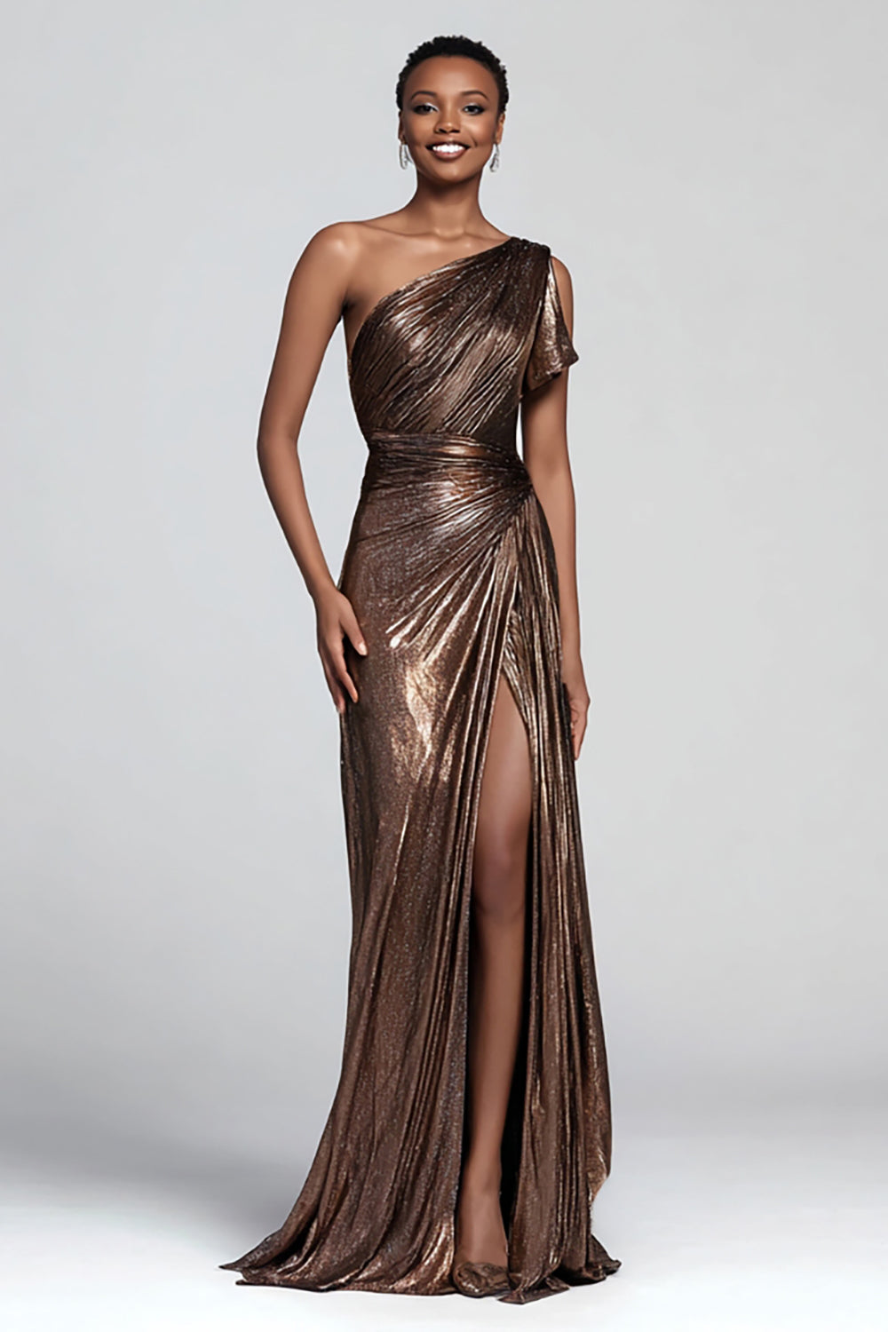 Braunes Metallic Etui Langes Ballkleid mit einer Schulter