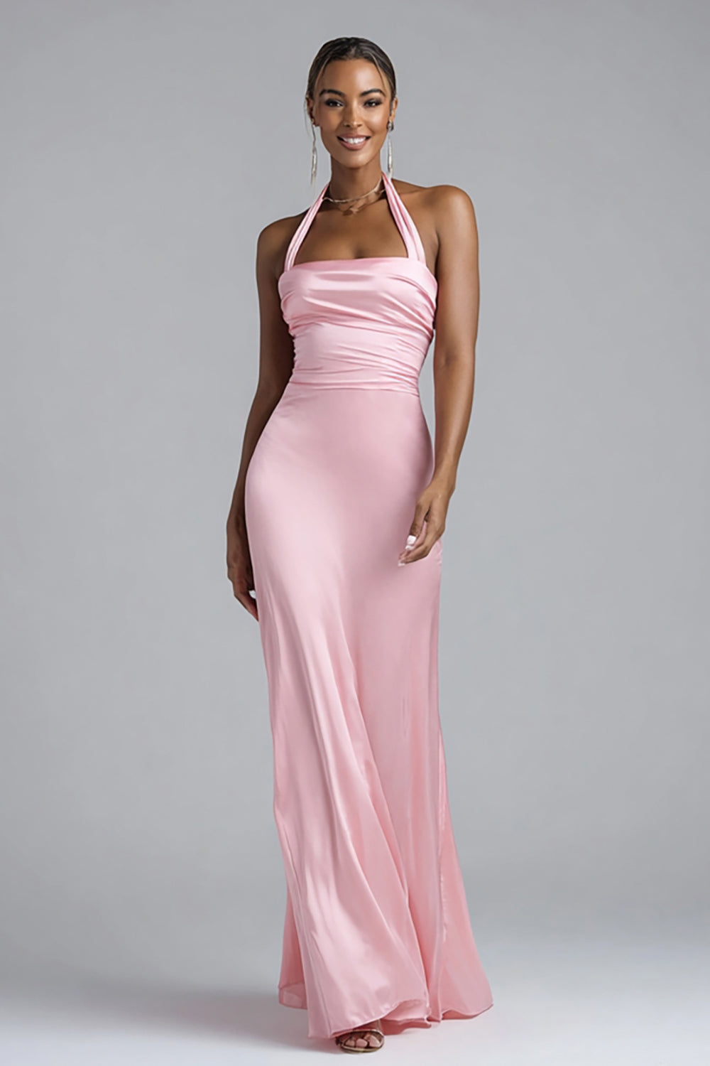 Rosa Etui Neckholder Satin Langes Ballkleid