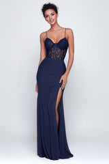 Marineblaues Korsett Herzausschnitt Etui Maxi Ballkleid mit Spitze