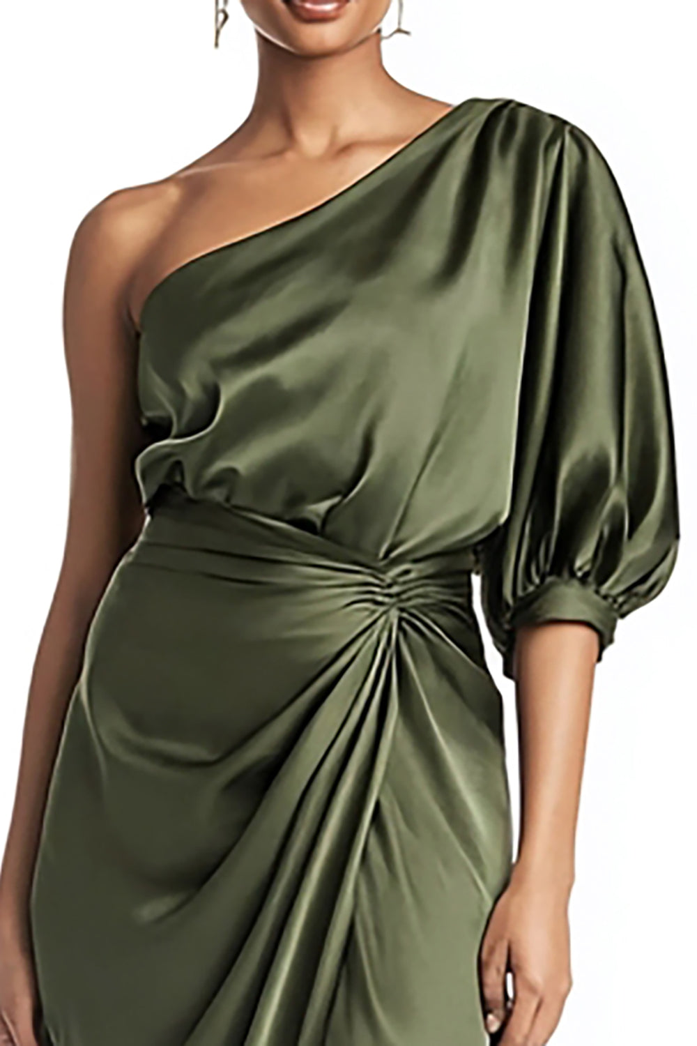 Olive Satin Etui Eine Schulter Midi Partykleid