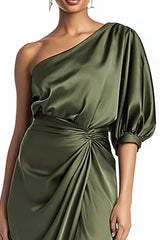 Olive Satin Etui Eine Schulter Midi Partykleid