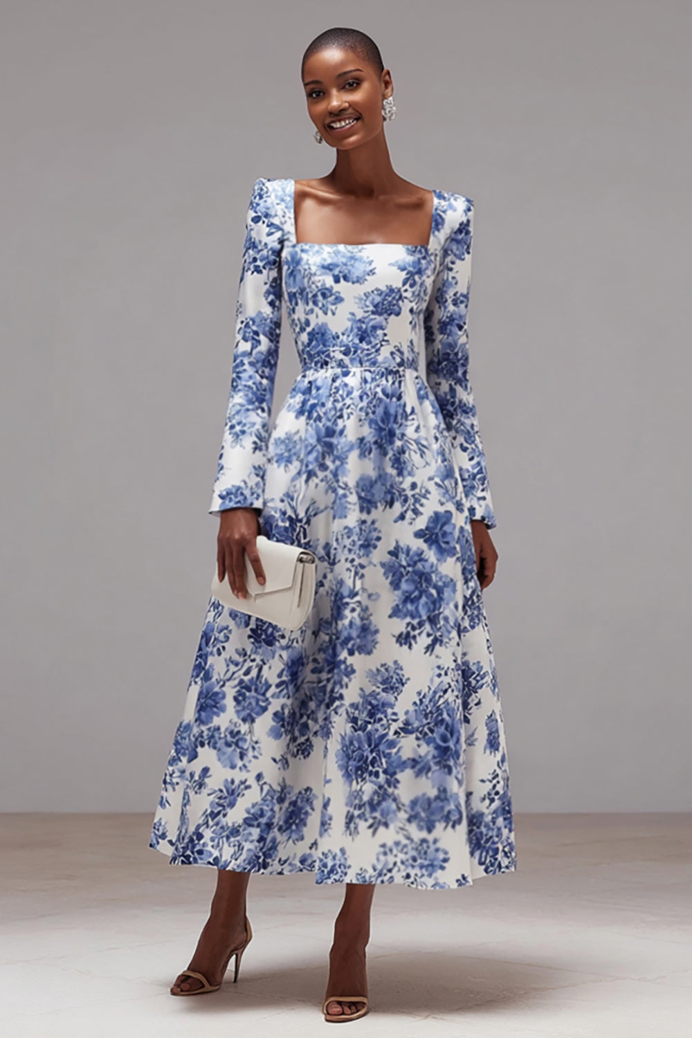 Weiße und blaue Blume A-Linie Partykleid mit quadratischem Ausschnitt