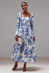 Weiße und blaue Blume A-Linie Partykleid mit quadratischem Ausschnitt