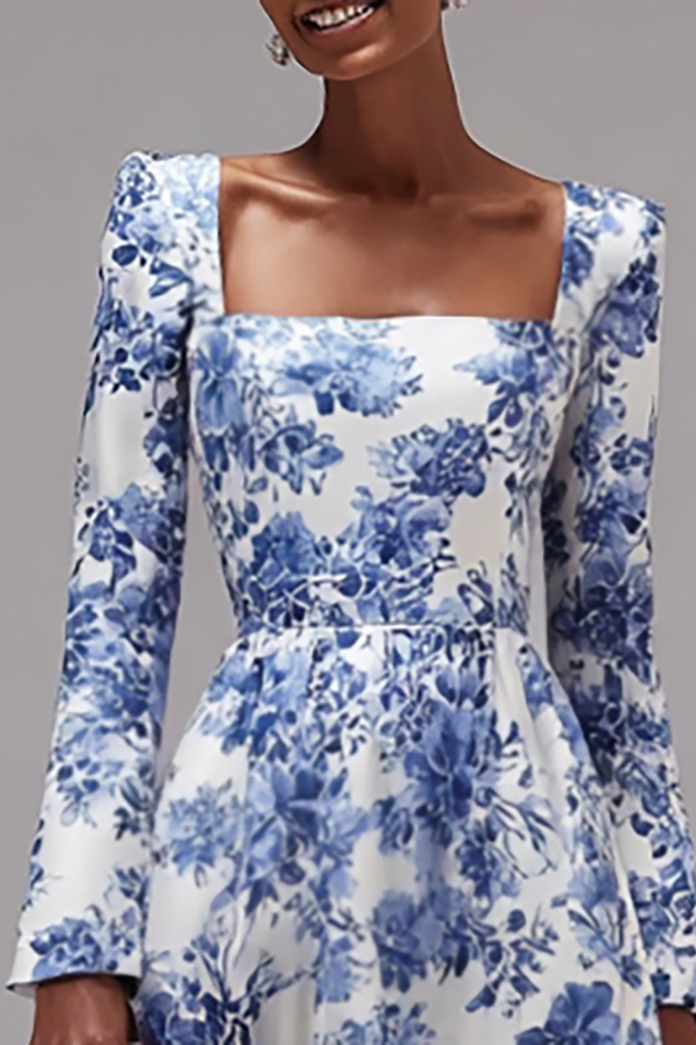 Weiße und blaue Blume A-Linie Partykleid mit quadratischem Ausschnitt