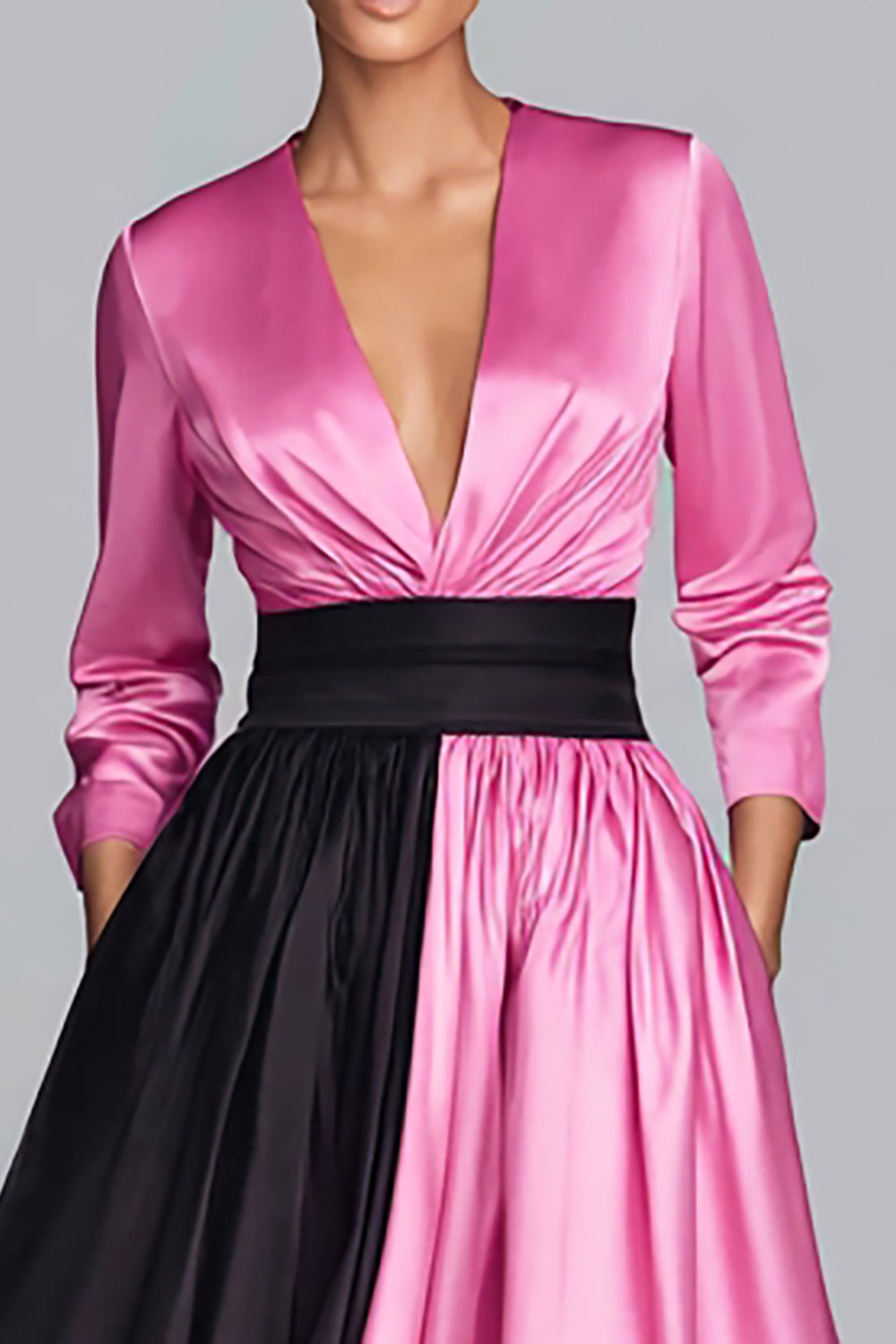 Schwarz Fuchsia Langärmeliges Abendkleid mit V-Ausschnitt in A-Linie