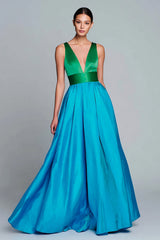 Grünes und blaues A-Linie Abendkleid mit V-Ausschnitt