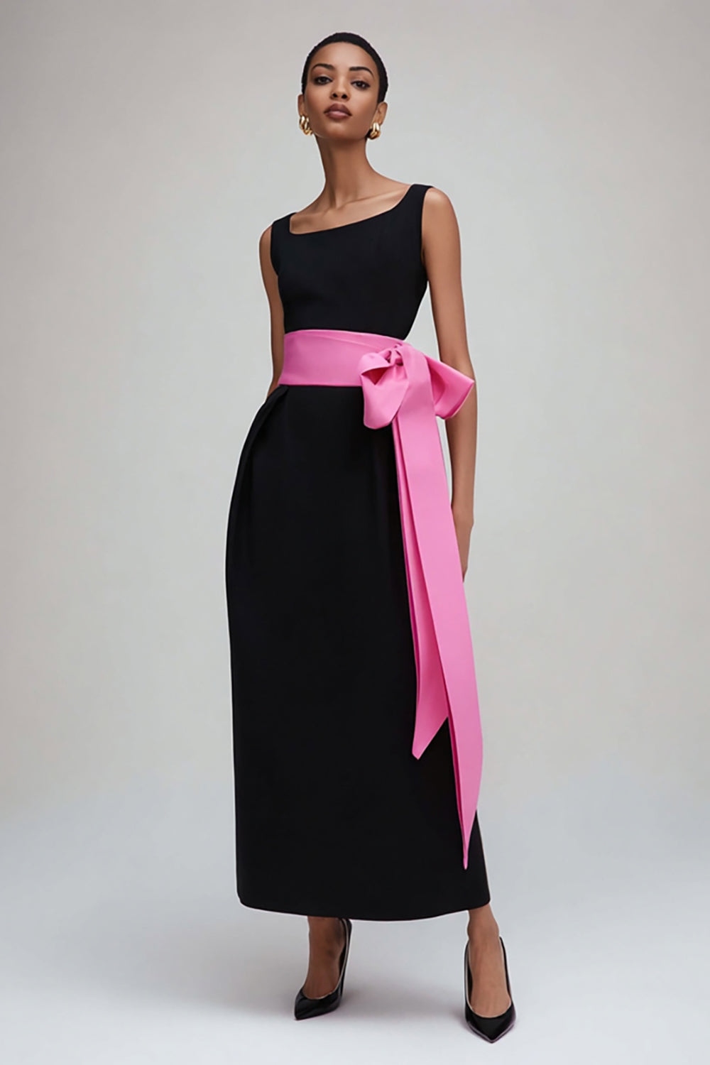 Schwarzes und Rosa Etui Ballkleid mit quadratischem Ausschnitt