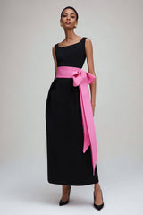 Schwarzes und Rosa Etui Ballkleid mit quadratischem Ausschnitt