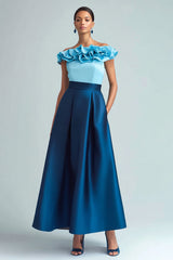 Himmelblau und Dunkelblau Schulterfreies A-Linie Abendkleid