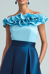 Himmelblau und Dunkelblau Schulterfreies A-Linie Abendkleid