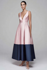 Rosa und Marineblaues A-Linie Ballkleid mit V-Ausschnitt