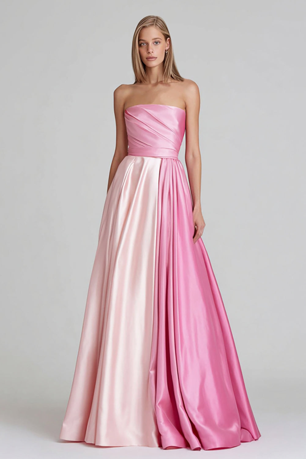 Rosa A-Linie Satin Trägerloses Patchwork Langes Abendkleid