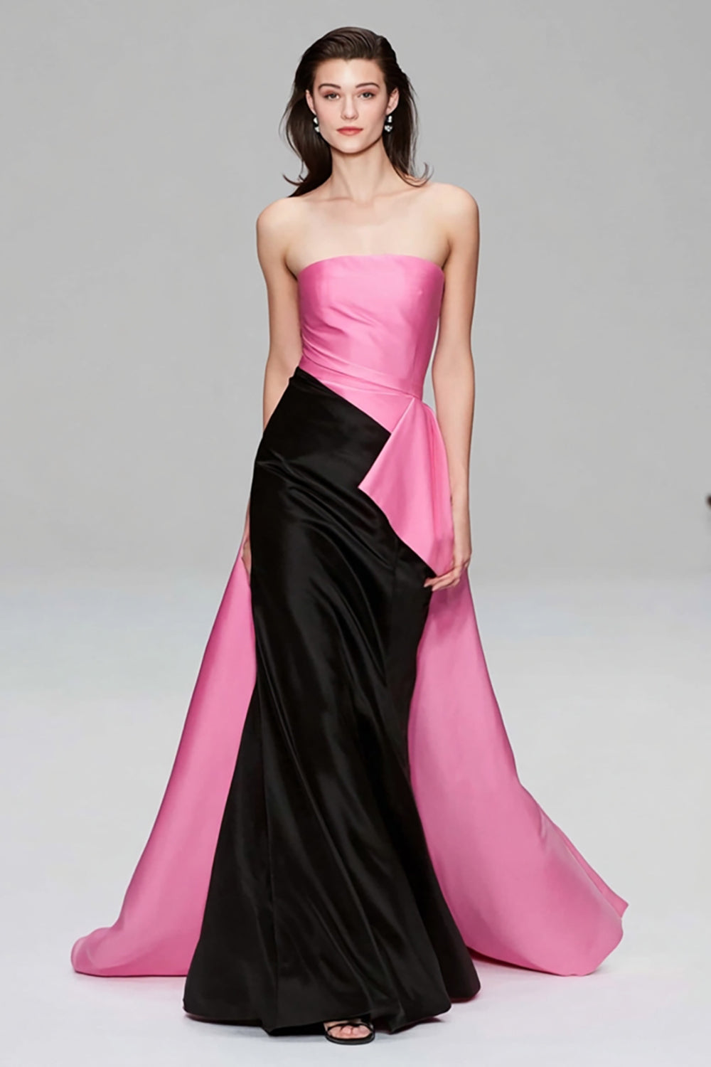 Schwarzes und Rosa Meerjungfrauen Satin Trägerloses Langes Abendkleid mit Rüschen