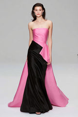 Schwarzes und Rosa Meerjungfrauen Satin Trägerloses Langes Abendkleid mit Rüschen