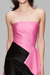Schwarzes und Rosa Meerjungfrauen Satin Trägerloses Langes Abendkleid mit Rüschen