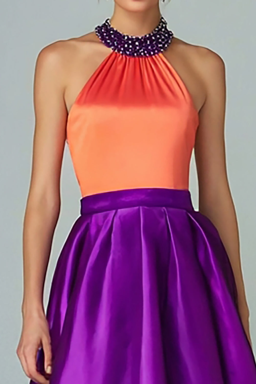 Glitzerndes Orange und Lila A-Linie Neckholder Hoch Niedrig Ballkleid mit Perlenstickerei
